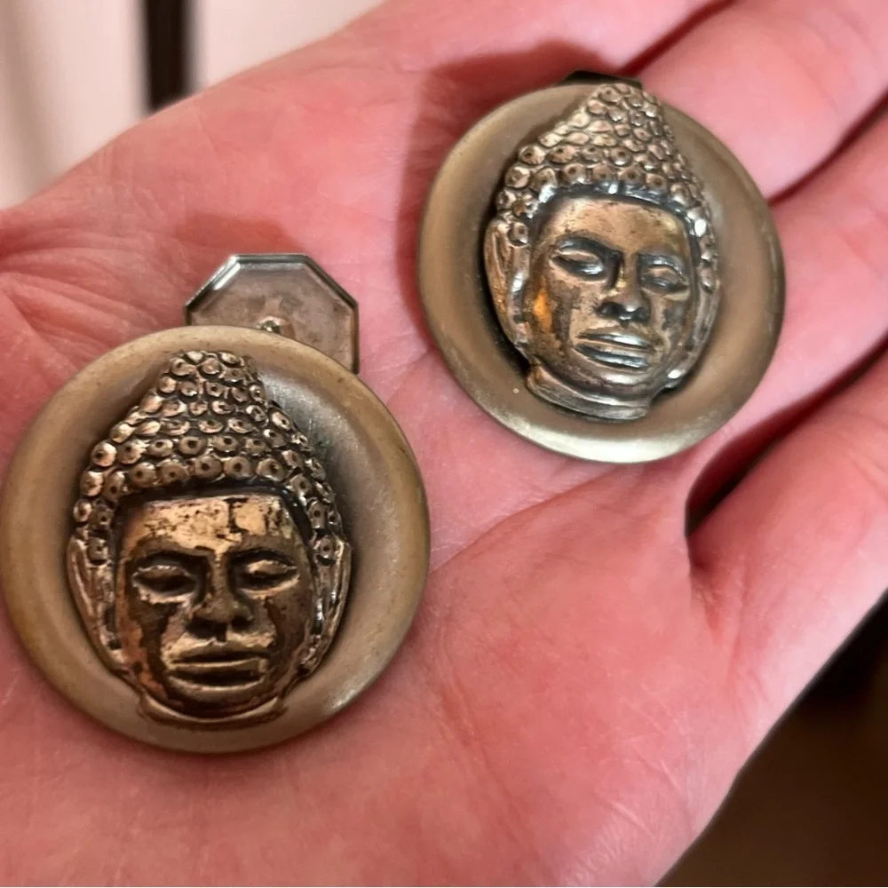 Vintage 1960 70 MCM Thailand Buddha Silver cosplay Oversized Art deco Cufflinks